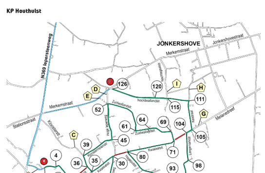 Kaart van KP Houthulst met routes en genummerde punten in en rond Jonkershove, inclusief straatnamen en markeringen. (vergroot foto)