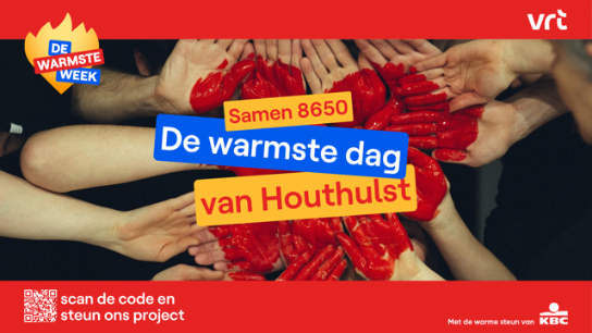 Handen met rode verf vormen een hart, tekst over De Warmste Dag van Houthulst, samen 8650. (vergroot foto)