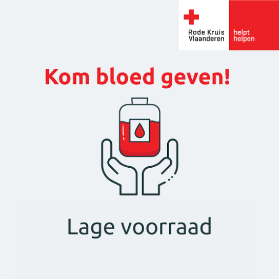 Oproep van Rode Kruis Vlaanderen om bloed te geven vanwege lage voorraad, met icoon van handen en bloedzak. (vergroot foto)
