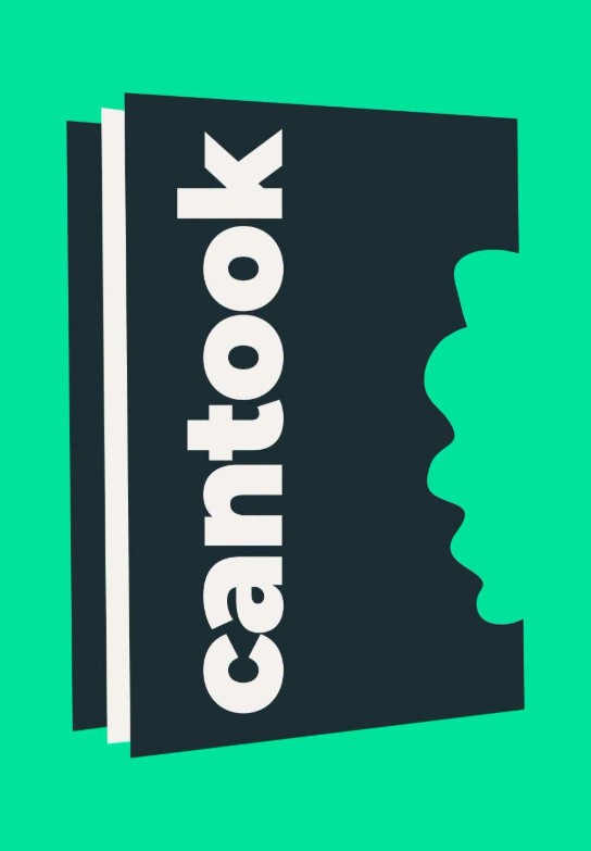 Logo van Cantoook met witte letters op een zwart boekvormig achtergrond en groene omlijsting. (vergroot foto)