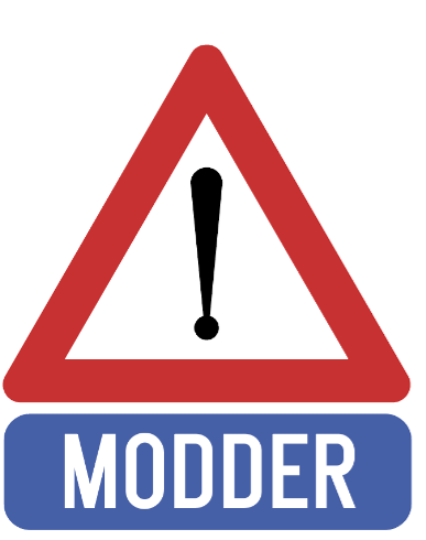 Waarschuwingsbord met uitroepteken en tekst "MODDER" in blauwe balk eronder. (vergroot foto)
